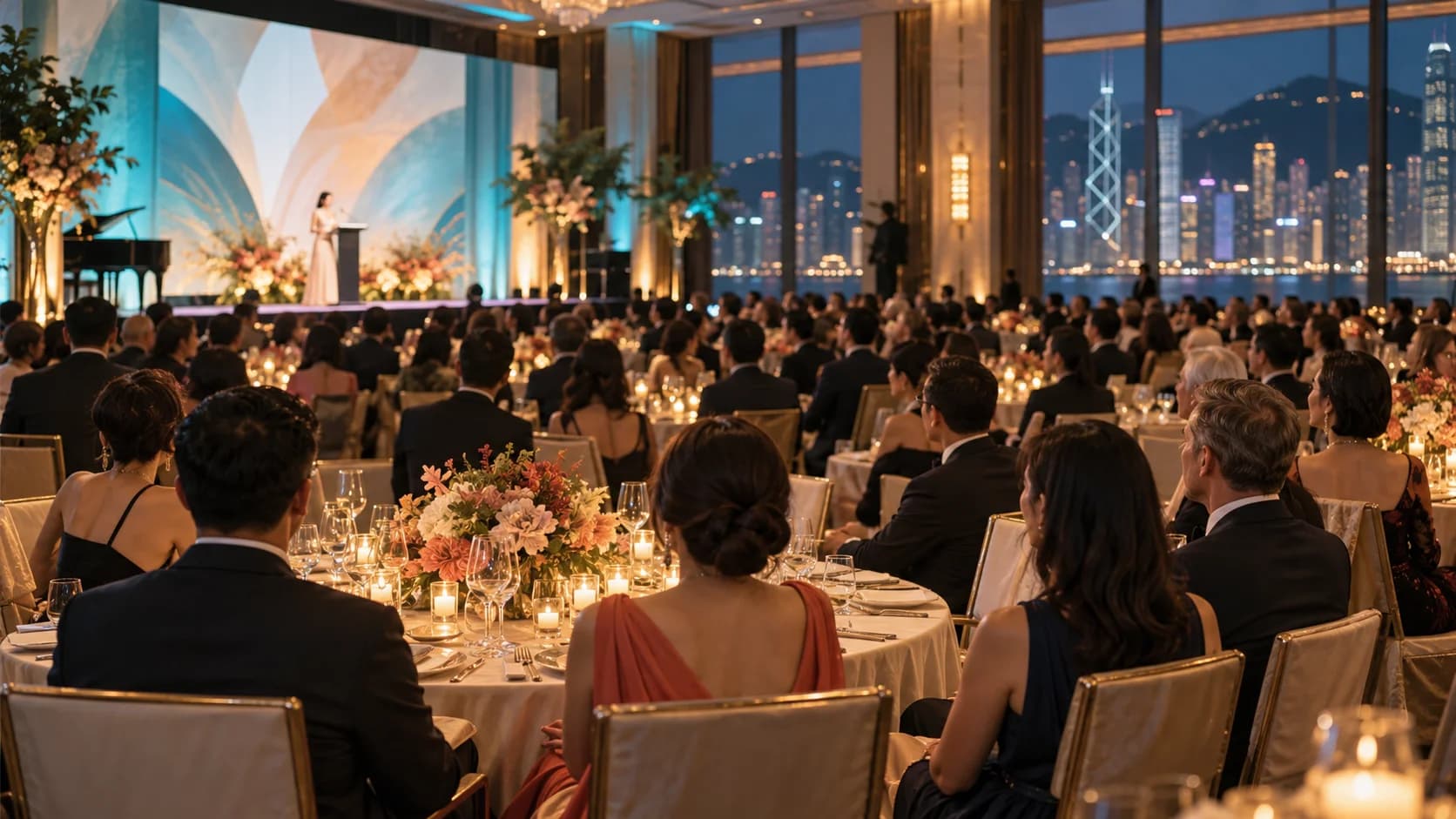Guests listening to a speaker at a charity gala